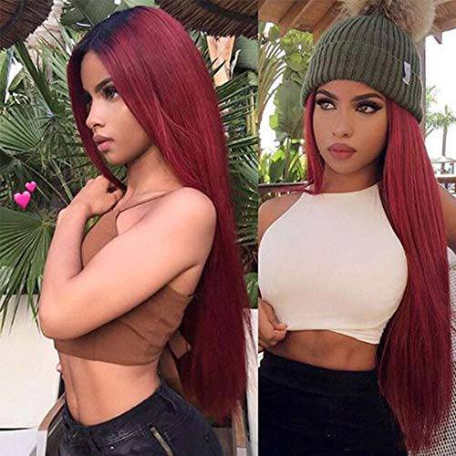 AISI HAIR Natural Long Straight Wigs Ombre Wine Red Burgundy Wigs for Women Natural Hairline Middle Part Long Synthetic Hair Full Wig for Daily Use