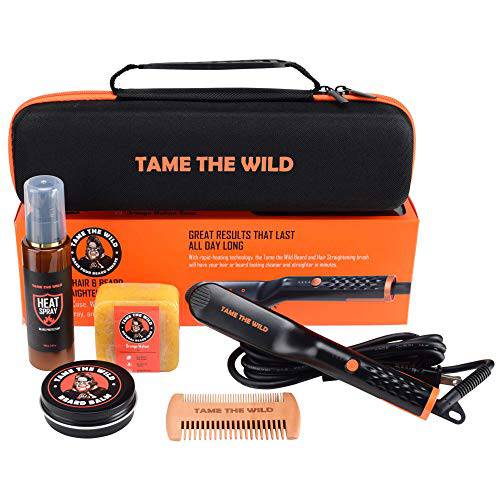 Tame the Wild Premium Beard Straightener Kit - Heated Beard Brush for Men - Beard Grooming Kit Includes Heat Protectant, Beard Soap, Beard Balm, Wooden Comb, & Storage Case - Gift Set