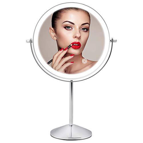 LOVESPEJO Lighted Makeup Mirror with Magnification, 1X 10X Magnifying Mirror with Light, Rechargeable 8’’ HD Double Sided Tabletop Vanity Mirror, 3 Color LED Dimmable Desk Lit Cosmetic Mirror