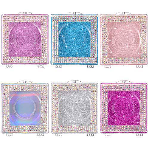 6 Pieces Empty False Eyelash Packaging Boxes Rhinestone Square Eyelash Storage Boxes Plastic Lash Cases with Glitter Paper and Clear Tray for Women Girls (Holographic Rainbow Color)
