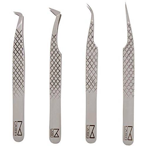 M LASH Set Of 4 Diamond Grip Eyelash Extensions Tweezers V2 - Japanese Steel Lash Supply (Silver)