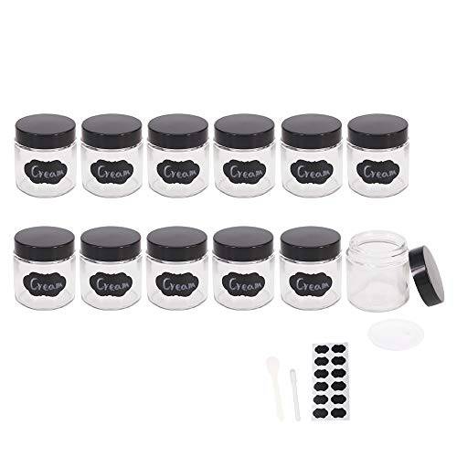 BPFY 12 Pack 4 oz Clear Glass Travel Cosmetic Jars, Refillable Cosmetic Containers with Inner Liners, Lids, Spatula, Chalk Labels, Pen, Beauty Jars for Sugar Scrubs, Cream, Bath Salts, Slime