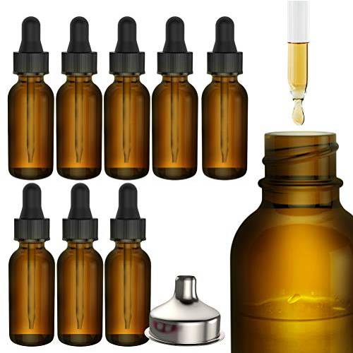Essential Oil Bottles - Round Boston Empty Refillable Amber Bottle with Glass Dropper [ Free Stainless Steel Funnel ] 10 ml (8 Pack)