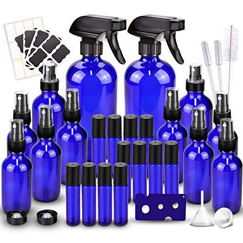 BonyTek Glass Spray Bottle Kit×12 (2×16oz, 2×4oz, 8×2oz), 12×10ml Roller Bottles, Anti UV, Multi Size and Versatile, Suitable for Aromatherapy, Facial Moisturizing, Watering, etc.(Blue)