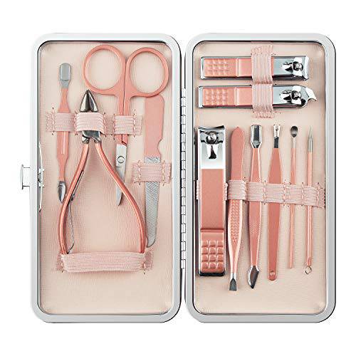 Manicure Set, 12 In 1 Stainless Steel Professional Pedicure Kit Nail Scissors Grooming Kit with Pink Leather Travel Case Pink
