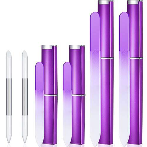 6 Pieces Glass Cuticle Pusher Nail File Set Imitated Crystal Nail Files Double Sided Glass Files with Case and Glass Cuticle Trimmer Remove Stick Manicure Tool for Nail Care (Purple)