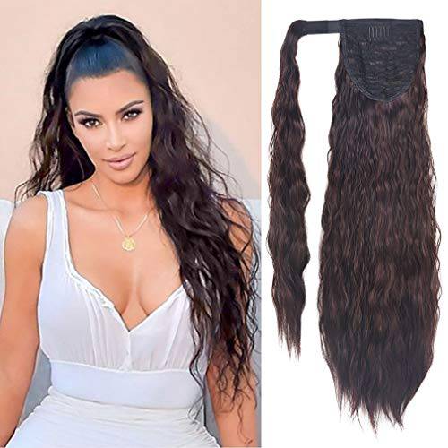 SEIKEA 24 Inch Clip in Ponytail Extension Wrap Around Long Wavy Curly Pony Tail Hair Fluffy Synthetic Hairpiece for Women - Dark Brown ( Little Reddish )