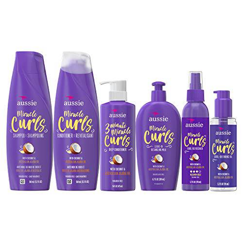 Aussie Miracle Curls Collection: Shampoo, Conditioner, Deep Conditioner, Spray Gel, Detangling Milk, and Oil Hair Treatment (6 Piece Set)
