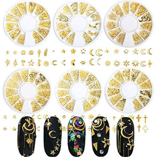 3D Nail Art Metal Rivets Studs Charms Decoration 6 Boxes Gold Nail Art Decals Punk Star Moon Jewelry Studs Nail Design Supplies Fingernails & Toenails Tips Manicure Accessories for Women
