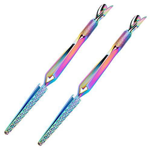 2PCS Colorful Stainless Steel Nail Art Tools Pinching Cuticle Pusher - Multifunction False Nail Shaping Tweezers Manicure Tool