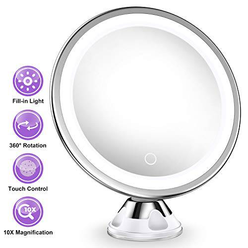 Updated 10x Magnifying Lighted Makeup Mirror with Touch Control LED Lights, 360 Degree Rotating Arm, and Powerful Locking Suction Cup, Portable Magnifying Mirror for Home, Bathroom Vanity, and Travel