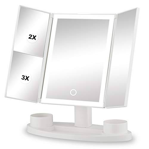 Makeup Mirror with Lights Vanity Mirror with Lights 37 LED Lighted Makeup Mirror Trifold Mirror 1X 2X 3X Magnification Touch Screen Switch 360 Degree Rotation Dual Power Supply