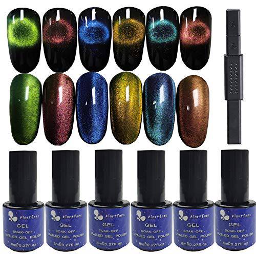 Aiartfans Cat Eye Nail Polish Set, 6 Colors 8ml Soak Off UV LED Nail Polish Kit Gel Nail Polish with Multi-Functional Magnetic Stick for Christmas Style