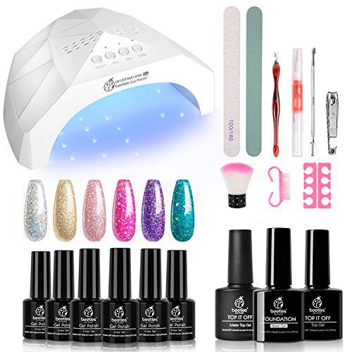 Beetles Gel Nail Polish Kit with U V Light Starter Kit, Gel Polish Soak OFF LED Gel Polish Sparkly Glitter Set with 48W LED Nail Lamp, Base Gel Top Coat Nail Art DIY Home Mother’s Day Gift for Women