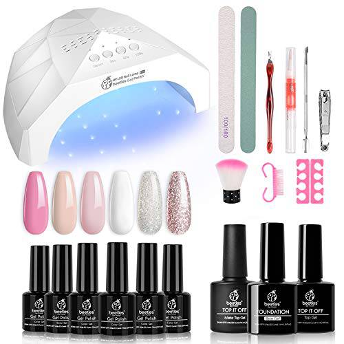 Beetles French White Glitter Gel Nail Polish Starter Kit with U V LED Light 48W Nail Lamp Gel Base Top Coat Soak Off Nude Pink Christmas Decorations Gel Manicure Christmas Nails Gifts for Women
