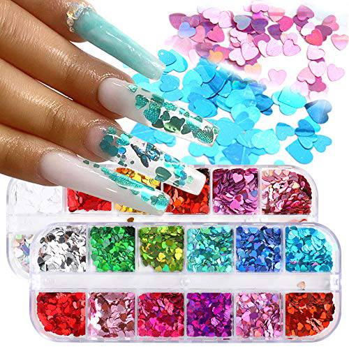 Nail Art Glitter Sequins Holographic Love Pattern Nail Sequin Paillettes 24 Colors Laser 3D Heart Nail Glitter Flakes for Women DIY Nail Art Decorations Acrylic Manicure Nail Design Nail Confetti Set