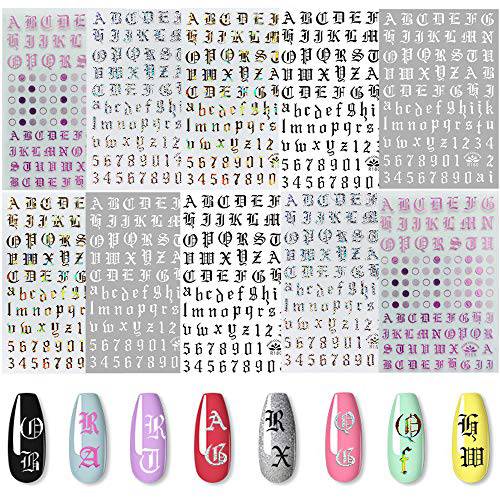 EBANKU 5colors Letter Nail Art Stickers 10 Sheets Letter Nail Stickers for Nails Old English Words Alphabet Nail Decals