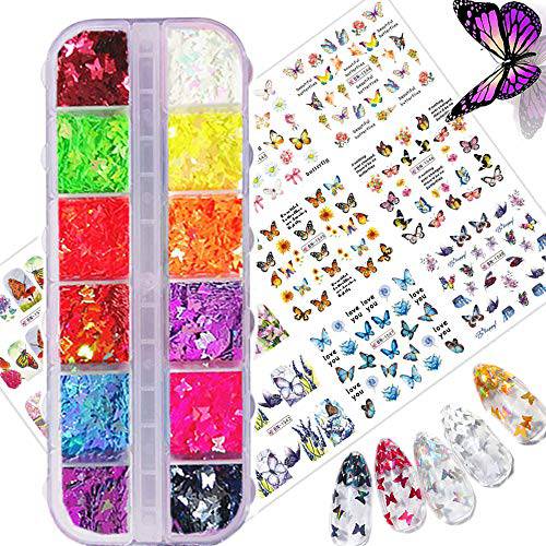 24 Color 3D Butterfly Nail Art Glitter Sequins - Splarkly Laser Butterfly Nail Flakes Acrylic Paillettes, Holographic Nail Sparkle Glitter Decals Sticker Tips for Nail Art Decoration Supplies (24P)