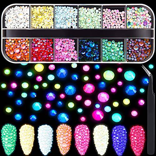 1440 Pieces Luminous Rhinestones Neon Color Fluorescent Crystal Rhinestones Flatback Round Rhinestones 3D Nail Decoration Charms with Tweezers, Mixed Size 12 Colors for Nail Design Accessories