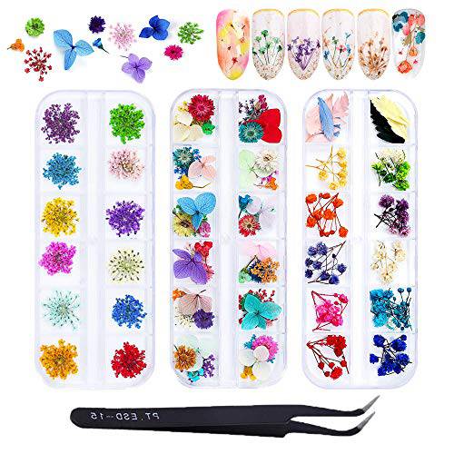 EBANKU 132PCS 3D Dried Flowers Nail Art Decals, 3 Boxes Colorful Dried Gypsophila Daisy Hydrangea Flowers Nail Art Stickers with 1 tip Tweezers , Nail Art Little Pressed Real Natural Flower Nail Art Design Decoration Supplies