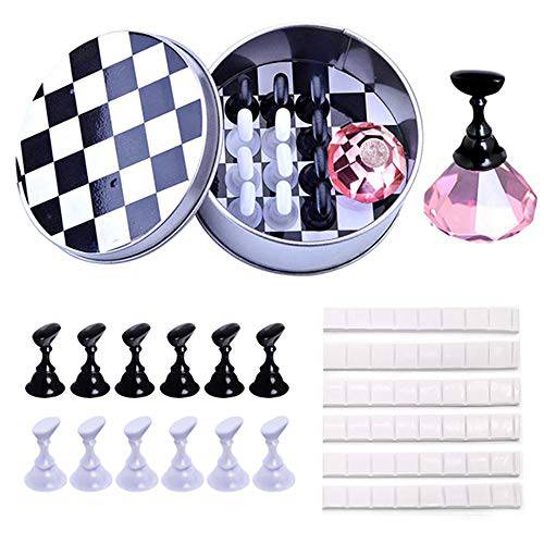 Kalolary 1 Set Nail Art Holder Practice Display Stand with 48Pcs White Reusable Adhesive Putty Clay, Magnetic Nail Art Tips Holders Crystal Nail Holder Chessboard Display Training Practice Stand