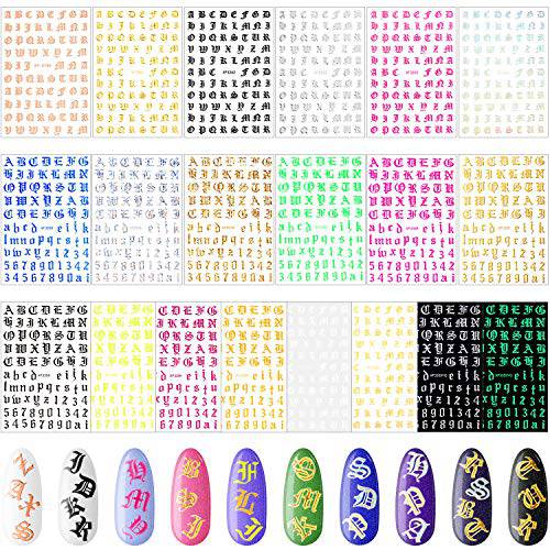 20 Sheets Holographic Letter Nail Art Sticker Old English Alphabet Nail Art Sticker Gummed Adhesive Letter Nail Decal Number Nail Decorations for Salon Home DIY Nail Art, 20 Colors