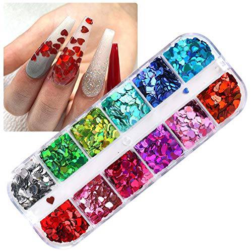 Heart Nail Art Glitter Sequins Valentine’s Day Nail Art Sticker Decals Laser Love Heart Glitter Flakes for Manicure Make Up DIY Nail Decoration