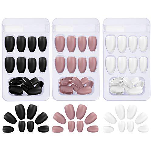 72 Pieces Matte Fake Nails Full Cover Ballerina False Nails Pure Color Coffin Nails Medium Square Acrylic Artificial Nail Tips for Women and Girls (Black, White, Nude Pink)