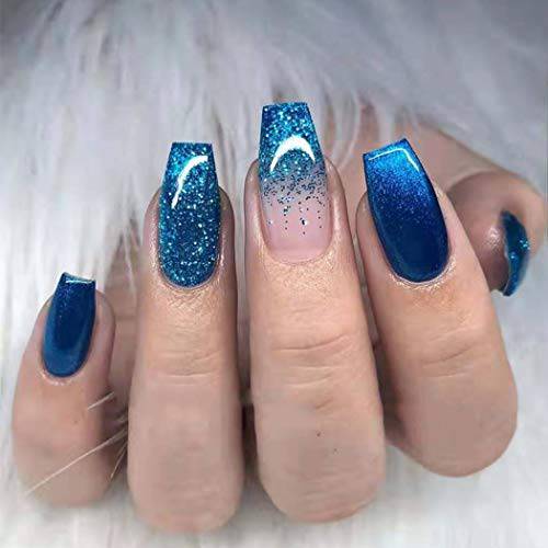 Bodiy Coffin Press on Nails Blue Ombre Long Fake Nails Ballerina Full cover Bling Falses Nails for Women and Girls (Pieces of 24)