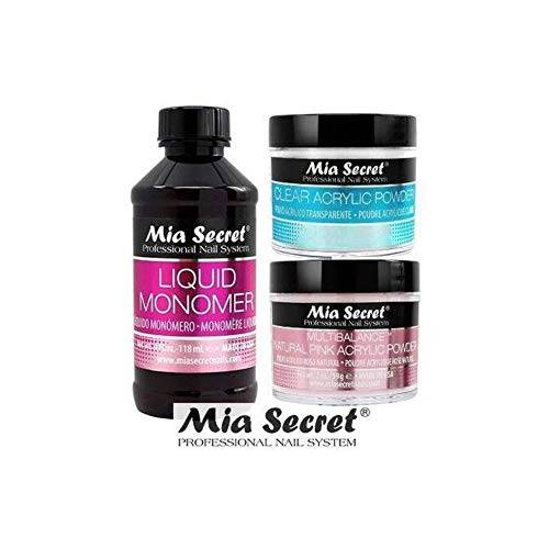MIA SECRET 4 oz LIQUID MONOMER + Acrylic Powder 2 oz Clear & Multibalance (Natural Pink) -Made in USA