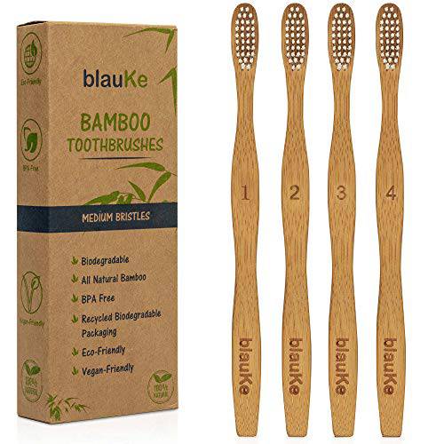 BlauKe® Bamboo Toothbrushes Medium Bristles 4-Pack – Biodegradable, Sustainable, Compostable, Natural, Eco Friendly Wood Toothbrush Set
