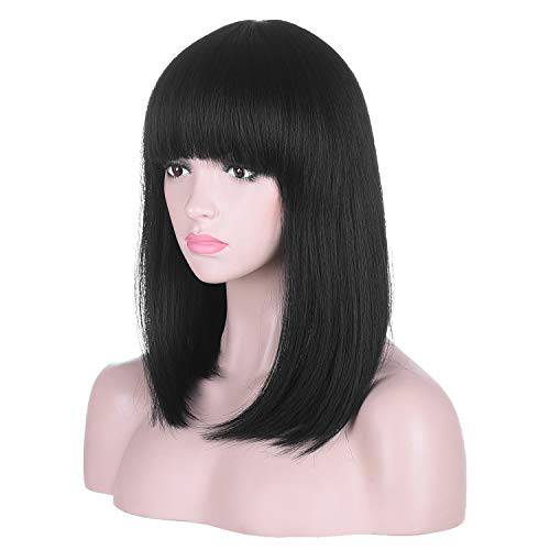 15 Inch Short Straight Black Bob Wig with Bangs | Natural Heat Resistant Synthetic Hair for Women