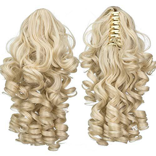 SWACC 12-Inch Short Screw Curls Claw Clip Ponytail Extensions Synthetic Clip in Drawstring Curly Ponytail Hairpiece Jaw Clip Hair Extension (Platinum Blonde-60)