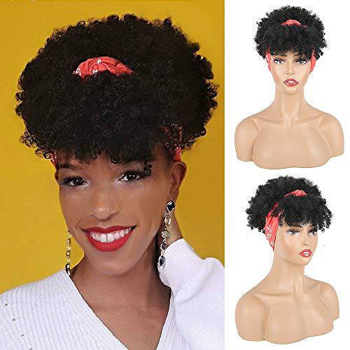 Aisaide Short Afro Kinky Curly Wigs for Black Women,Synthetic High Puff Afro Ponytail Drawstring Black Wig with Bangs Wrap Wigs 2 in 1 Afro Headwrap Wig with Headband Attached Turban Wig Scarf