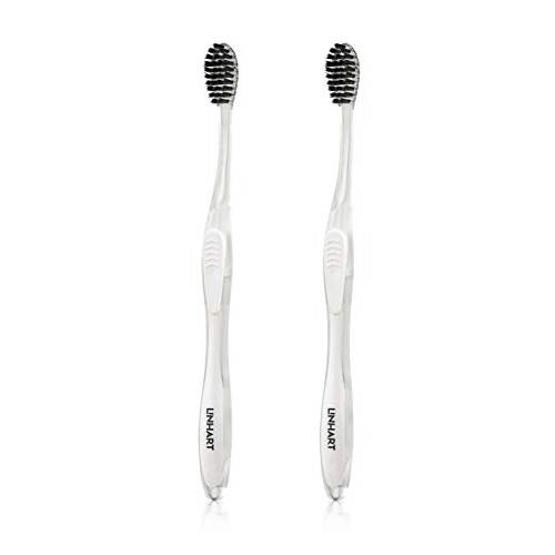 LINHART Extra Soft Toothbrush – Teeth Whitening Toothbrush with Multi Length Bristles, White with Black Bristles, 2 Pack