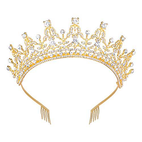 Makone Queen Crown for Women Gold Tiara with Clear Rhinestone for Christmas Birthday Girls Prom Halloween Bridal Party - Gold Crown (White-gold)