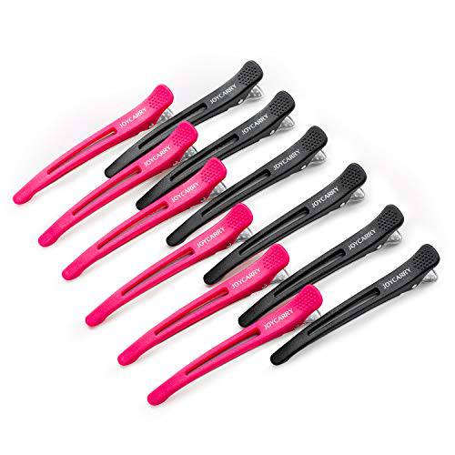 12 Professional Hair Clips for Women Styling Sectioning, Non-Slip Dividing Duckbill Hair Clips with Silicone Band, No Crease Hair Clips - Salon and Home Hair Cutting Styling Accessories (Pink+Black)