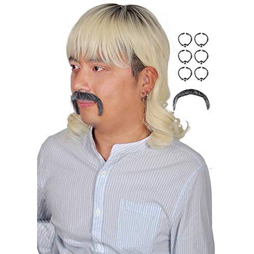 FantaLook Blonde Wig with Mutsache and 3 Pairs of Earrings for Halloween