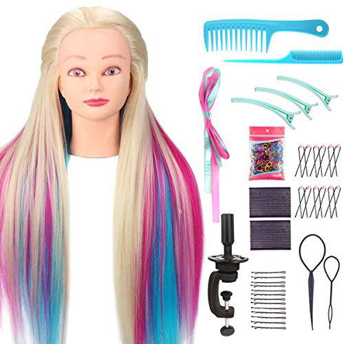 Kyerivs Mannequin Head Training Head with Hair Manikin Head Hair Styling Hairdressing Training Model Synthetic Fiber Hair Braiding Head with Clamp and Hair Styling Kit (Colorful)