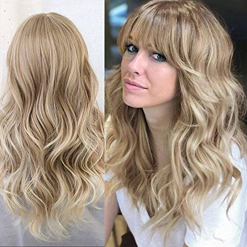OUFEI 24 Inches Ash Blonde Wigs With Bangs for Women Natural Synthetic Wavy Wigs Heat Resistant Hair Long Wigs for Daily Party Wear