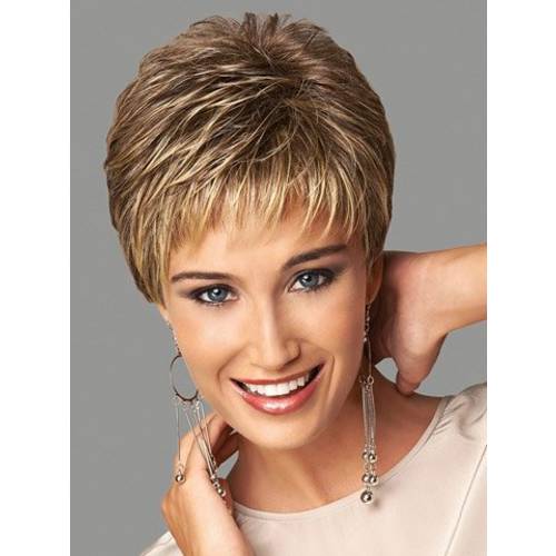 SEVENCOLORS Short Dark Brown Mixed Blonde Highlight Pixie Cut Wigs with Bangs Synthetic Layered Wigs for Women Natural Hair Replacement Wigs