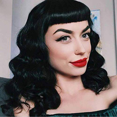 G&T Wig Rockabilly Vintage Wigs for Women, Short Black Wig with Bangs, Shoulder Length Heat Resistant Short Curly Wigs for Cosplay & Daily Use