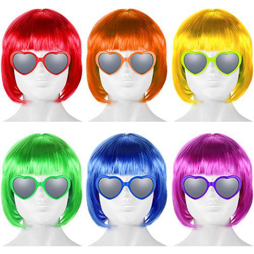 WILLBOND 12 Pieces Colorful Party Wigs and Sunglass Set, Neon Short Bob Wig Sunglass Pack Costume Cosplay Wig Daily Party Hairpieces for Neon Halloween Party Favors Decorations