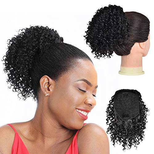 Drawstring Ponytail Afro Kinky Curly Ponytail for Black Women, PEACOCO 6 Inch Afro Puff Ponytail Extensions Jerry Curls Synthetic Hair with 2 Combs and Elastic Net ( 1B )