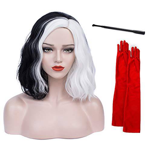 Ruina Black and White Wigs for Women Short Curly Wavy Bob Hair Wig with Accessories Cute Soft Wigs for Party Halloween R019BW