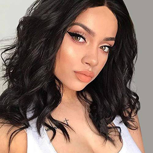 Nnzes Short Black Curly Wavy Wig Synthetic Wavy Bob Wigs for Women Shoulder Length Middle Part Natural Looking Wigs