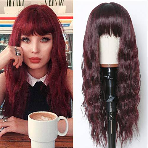 EVLYNN Orange Wave Wigs With Air Bangs Heat Resistant Synthetic Fiber Hair 24 Inch Long Curly Brown Glueless Wig Full Machine None Lace Front Wig…