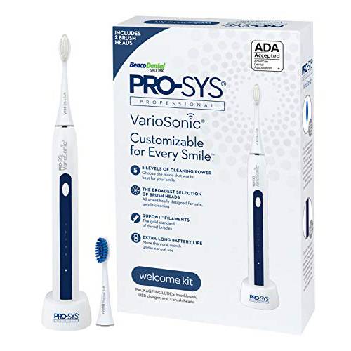 PRO-SYS VarioSonic Welcome Kit First Electric Toothbrush for Beginner, Rechargeable Power ADA Accepted Smart Sonic Toothbrush with Timer, 2 Replacement Dupont Brush Heads, 5 Brushing Speed