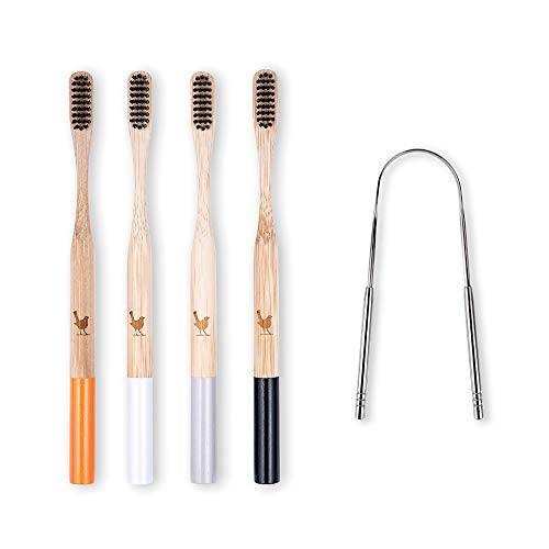 Native Birds Bamboo Toothbrush with Soft Charcoal Infused Bristles, Set of 4, Designed in Ukraine
