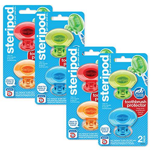 Steripod Clip-On Toothbrush Protector Exclusive Multi Color, 2 Count (Pack of 4)
